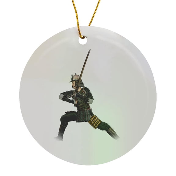 3drose, a Samurai Using One Sword in a Defensive Position Looking to Right, Circle Porcelain Ornament
