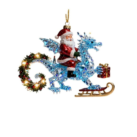 A Santa Riding Dragon Acrylic Hanging Ornament Winter Holiday Tree Decor 2D Car Decor Hanging Pendant 3.94 Inches Style A