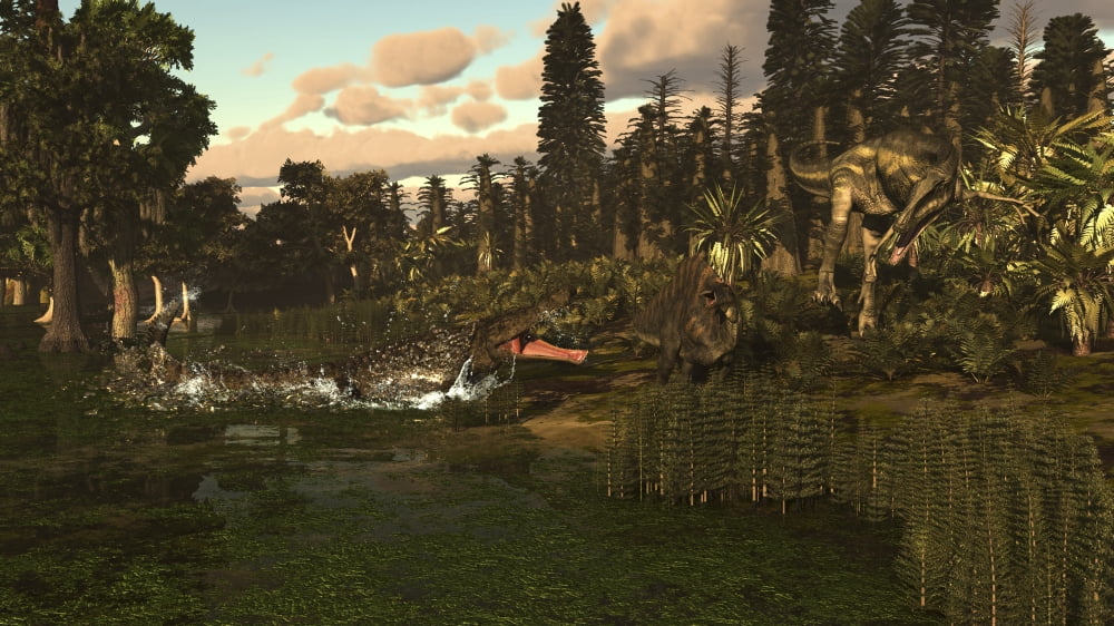 A Sarcosuchus and Deltadromeus attack a lone Ouranosaurus Canvas Art - Arthur DoretyStocktrek Images (19 x 11)