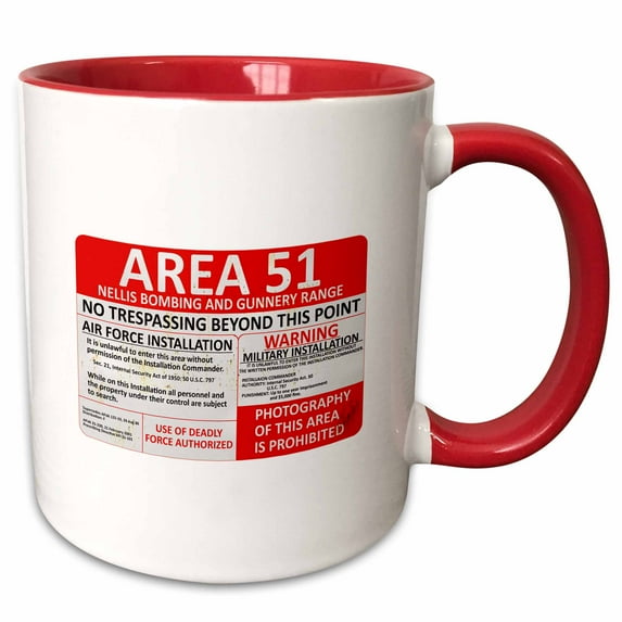 3drose, a Satire Government Base Sign Warning No Trespassing in Area 51., 11oz Two-tone Red Mug