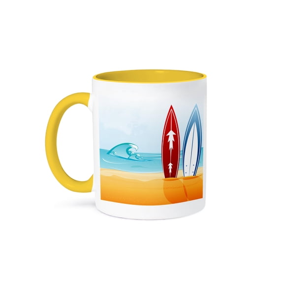 3dRose, A Scene Of The Ocean With Two Surfboards, 11oz Two-Tone Yellow Mug