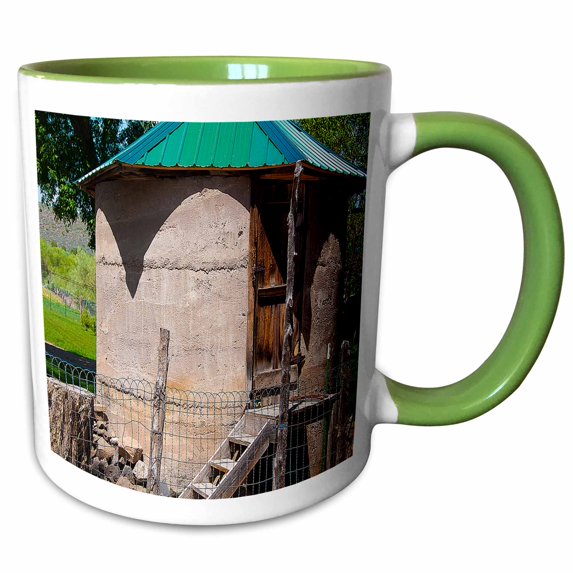 3drose, a Sepia Toned Silo with Stairs in Someones Yard in Enterprise, Utah a Farming Community, 15oz Two-tone Green Mug