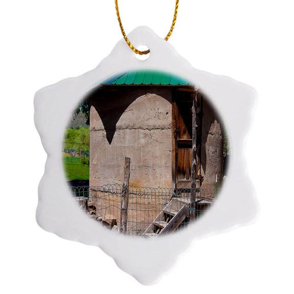 3drose, a Sepia Toned Silo with Stairs in Someones Yard in Enterprise, Utah a Farming Community, 3 inch Snowflake Porcelain Ornament