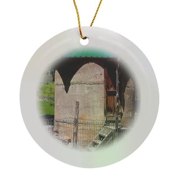 3drose, a Sepia Toned Silo with Stairs in Someones Yard in Enterprise, Utah a Farming Community, Circle Porcelain Ornament