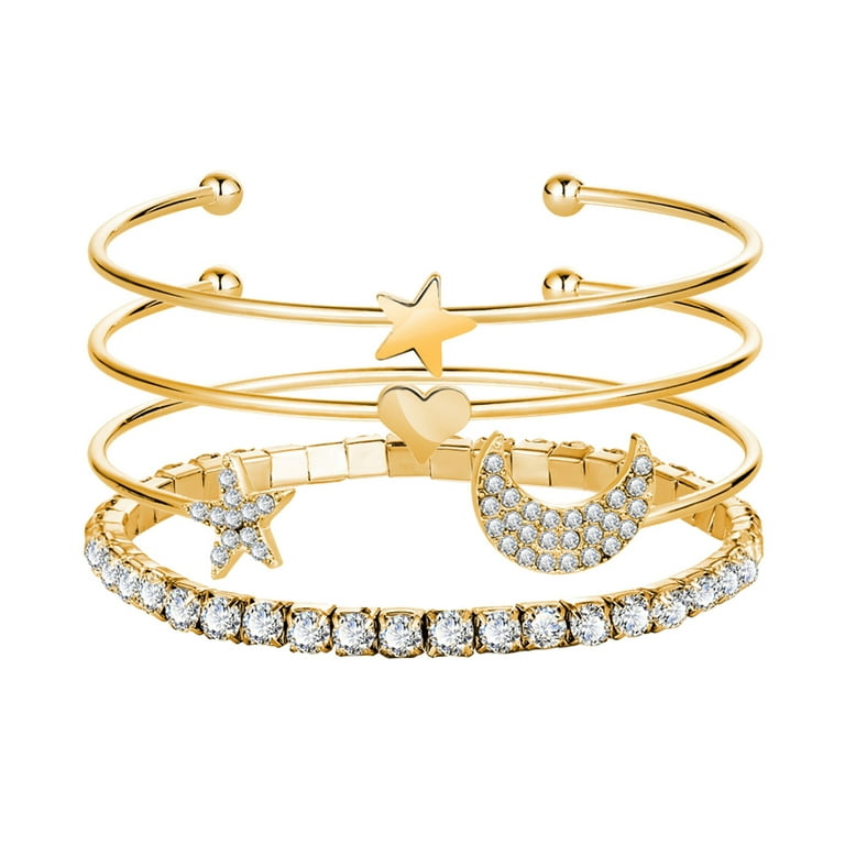 A Set Fashion Diamond Star Moon Open Bracelet Jewelry Set Charm