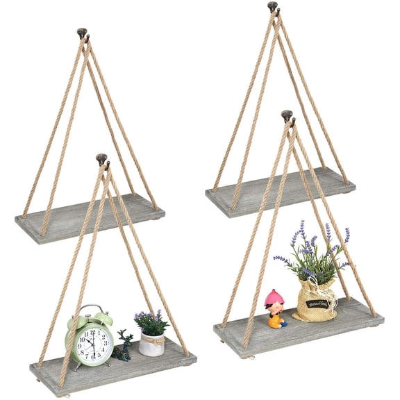 A Set Of 4 Floating Wooden Wall Frame Rustic Hanging Swing Rope Frame - Gray Green
