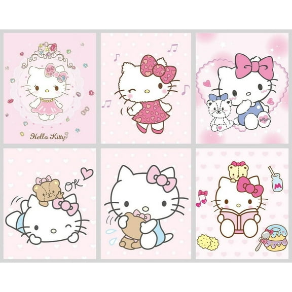 A Set of 6 Hello Kitty Cartoon Paintings Posters for Kids Bedroom Wall Decorations,Unframed.