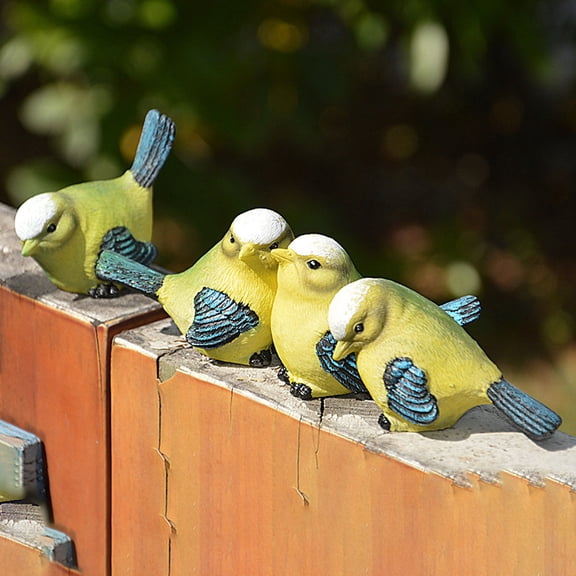 A Set of Four Mini Resin Bird Sculpture Outdoor Statues,for Planter Pot Terrarium Fish Tank Edge Bonsai Crafts Decor Fairy Garden Accessories,Yellow