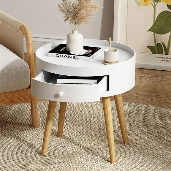 A Set of Two-Piece White Round Bedside Table, Modern Style End Table, Wooden Bedside Table for Bedroom, Small Space, with Storage (White)