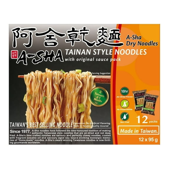 A-Sha Tainan Thin Noodle with Original Sauce (12 Packs), Premium Air Dried Noodles