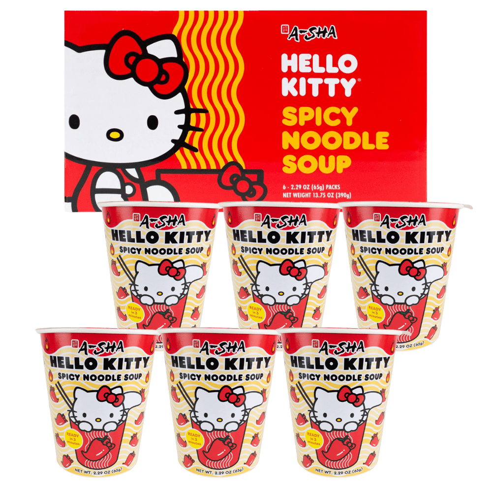 A-SHA Hello Kitty Instant Ramen Noodle Cup, 6 Pack Vegan Spicy Flavor, Premium Microwaveable Ramen Soup Mix