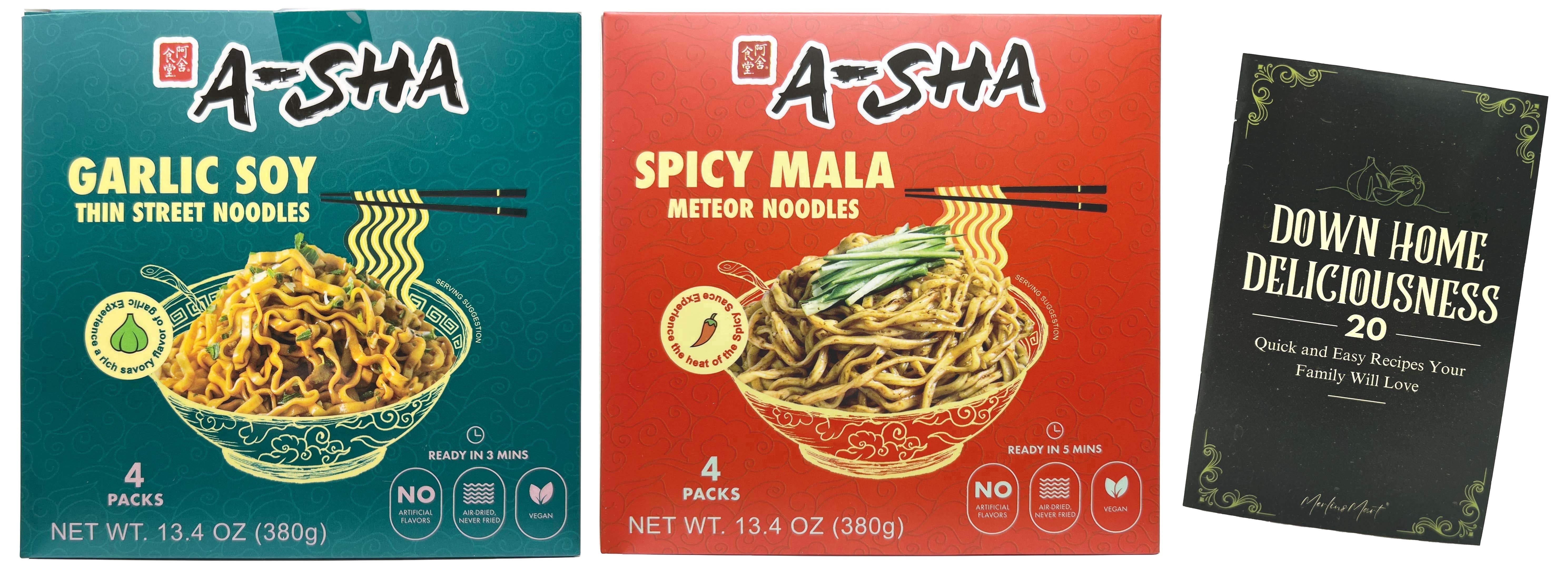 A-Sha Ramen Noodles Variety 4-Pack | Garlic Soy & Spicy Mala Meteor | MerlinsMart Zine