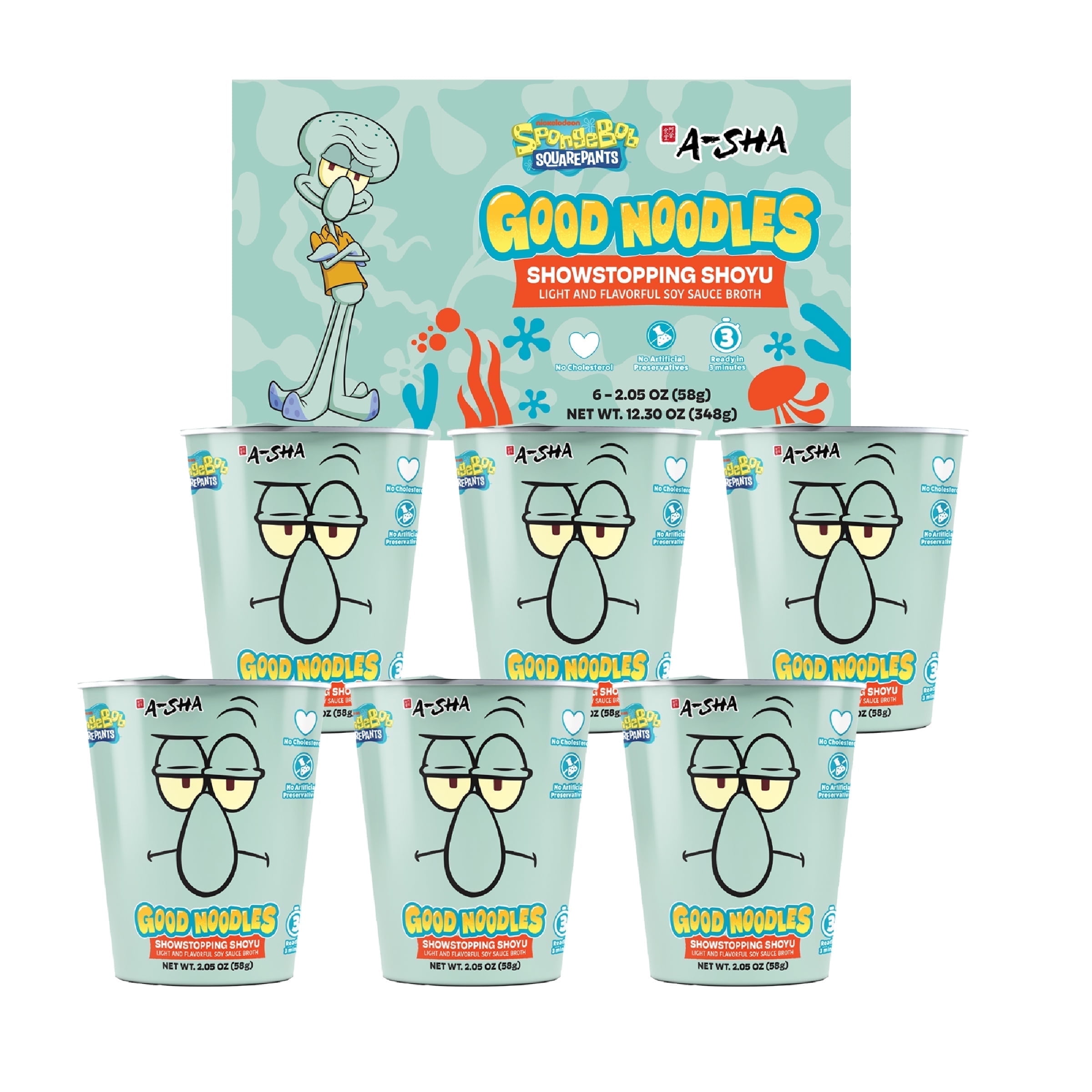 A-Sha & SpongeBob Squarepants Good Noodles (6 Pack) | Squidward Showstopping Shoyu Flavor  | Better For You Microwaveable Ramen Soup Mix