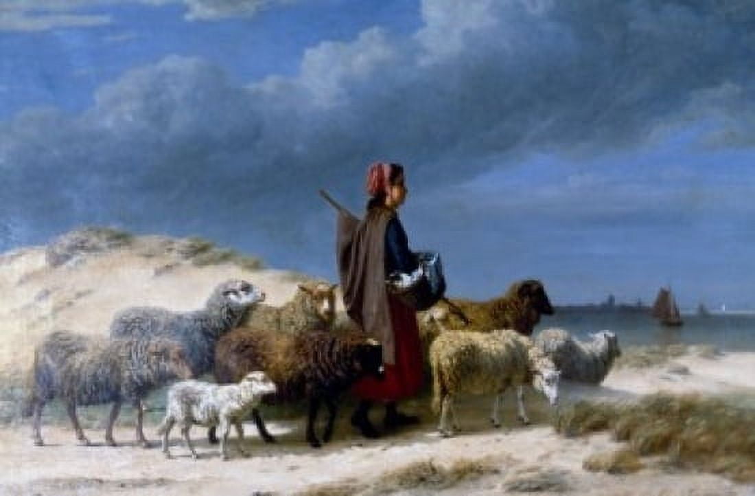 A Shepherdess & Her Flock by an Estuary (Detail) Edmond Tschaggeny (19th C) Canvas Art - Edmond Tschaggeny (24 x 36)