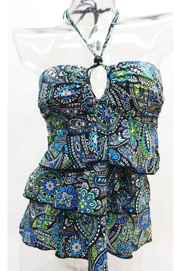 Tropical Floral Tiered Tummy Slimmer Halter Tankini Top Swimwear Women's 6
