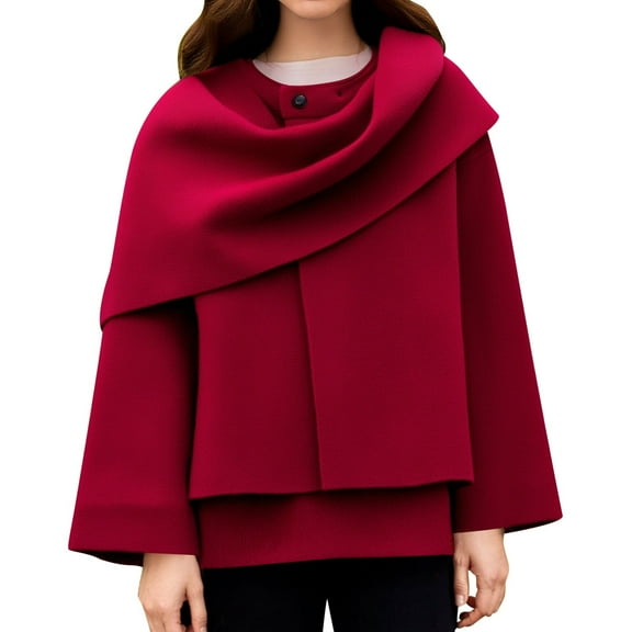 A Short Knitted Coat With A Solid Color Asymmetrical Scarf For Women