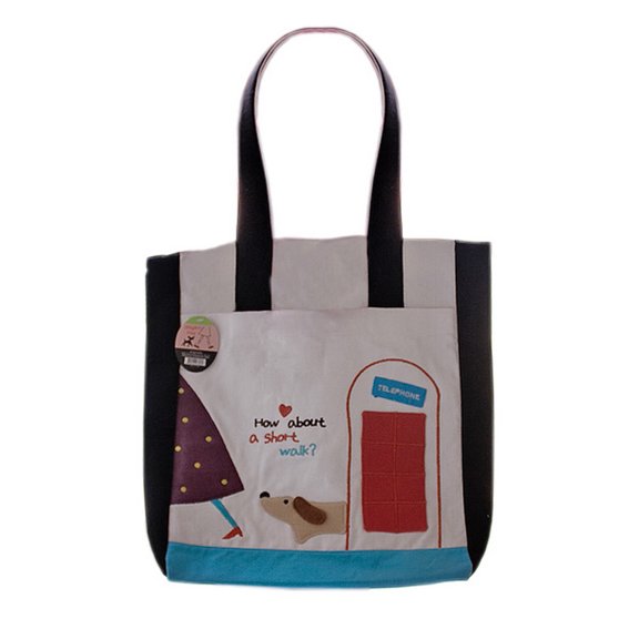 [A Short Walk] Embroidered Applique Fabric Art Shoulder Tote Bag / Shopper Bag (14*14.5*4)