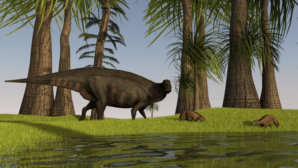 A Shuangmiaosaurus dinosaur grazing a nearby swamp with two Eurohippus Canvas Art - Kostyantyn IvanyshenStocktrek Images (19 x 11)