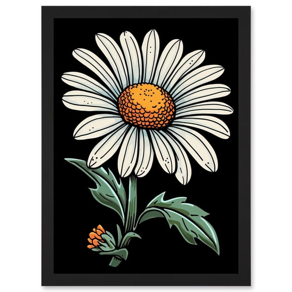 A Single Daisy Dark Old School Tattoo Ink Body Art Rockabilly Americana 50s Artwork Framed Wall Art Print A4