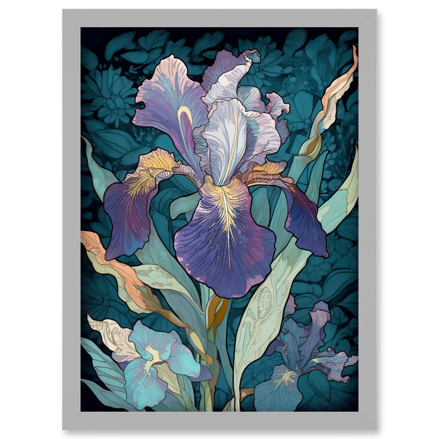 A Single Iris Flower Bloom Purple Teal and Yellow Artwork Framed