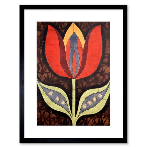 A Single Tulip Flower Batik Style Pattern Folk Art Artwork Framed Wall Art Print 9X7 Inch