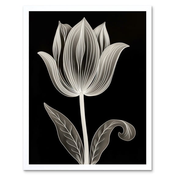 A Single Tulip Flower Black and White Folk Art Art Print Framed Poster Wall Decor 12x16 inch