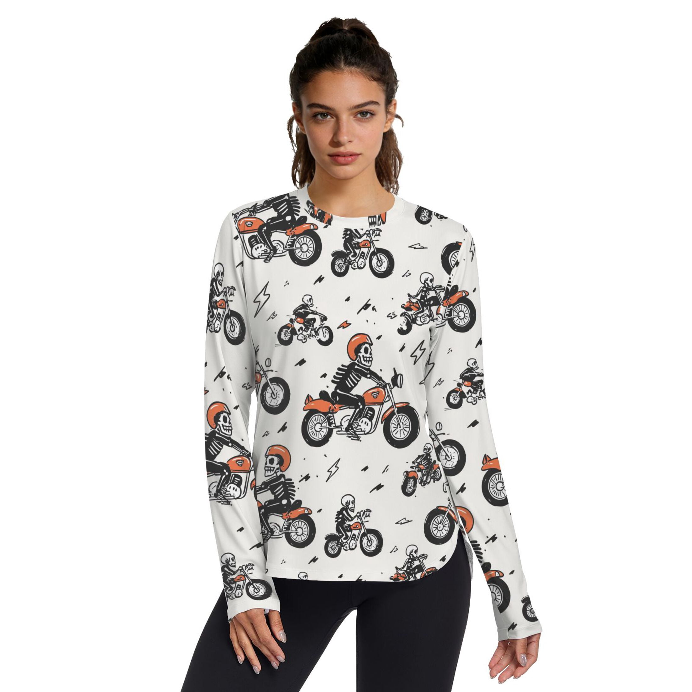 A Skeleton Riding A Motorcycle Women UPF 50+ UV Shirts Long Sleeve with ...
