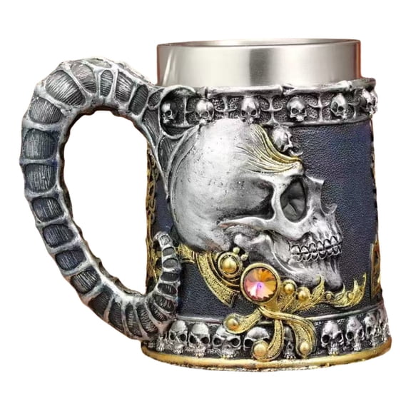 A Skull Shaped Stainless Steel Mug Ancient Ram Resin Beer Mug Home Bar Decor, Stainless Steel