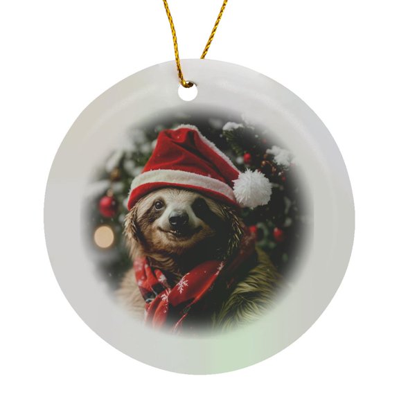 3drose, a Sloth Wearing a Santa Hat and Scarf, Circle Porcelain Ornament