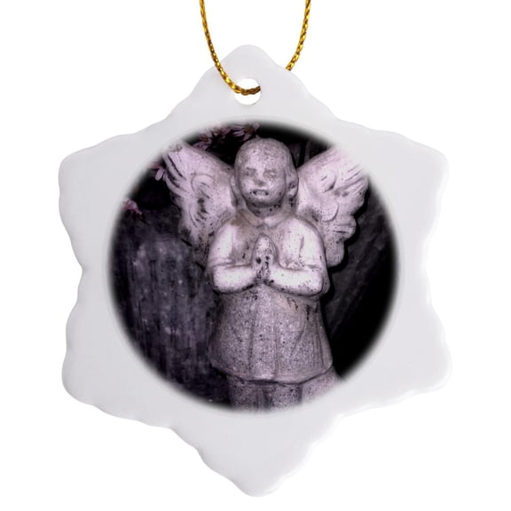 3drose, a Small Angel Girl Praying with Flowers in the Background, 3 inch Snowflake Porcelain Ornament