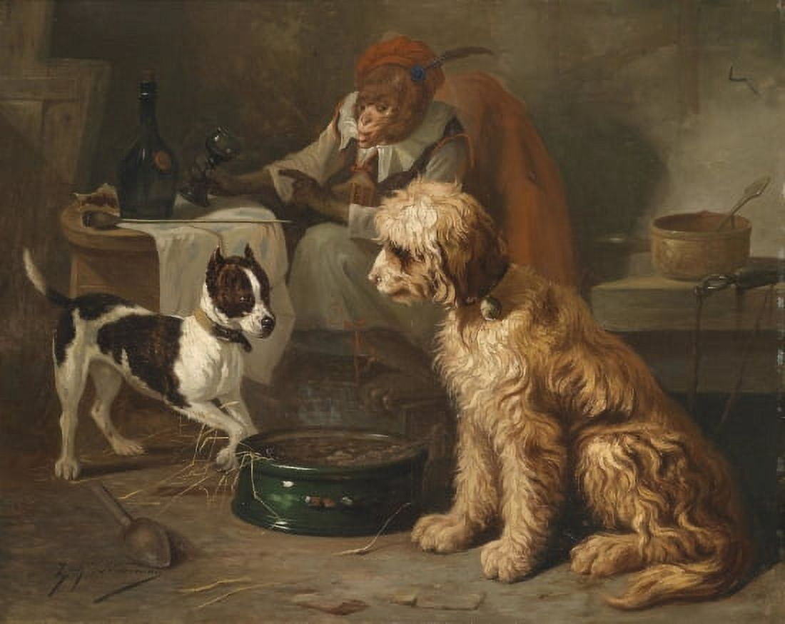 A Small Meal In The Tavern 1890 Dog Monkey Canvas Art -  (18 x 24)