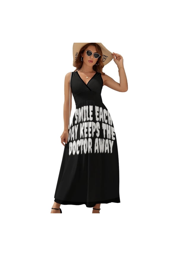 A Smile A Day Keeps The Doctor Away Womens Night Club Maxi Dress V Neck Sleeveless Bohemia Long Dresses