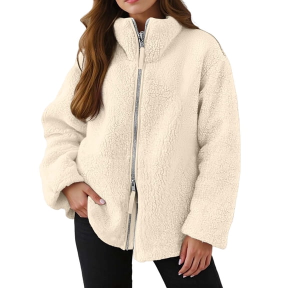 A Solid Color Back High Neck Fleece Jacket For Autumn And Winter-White-M