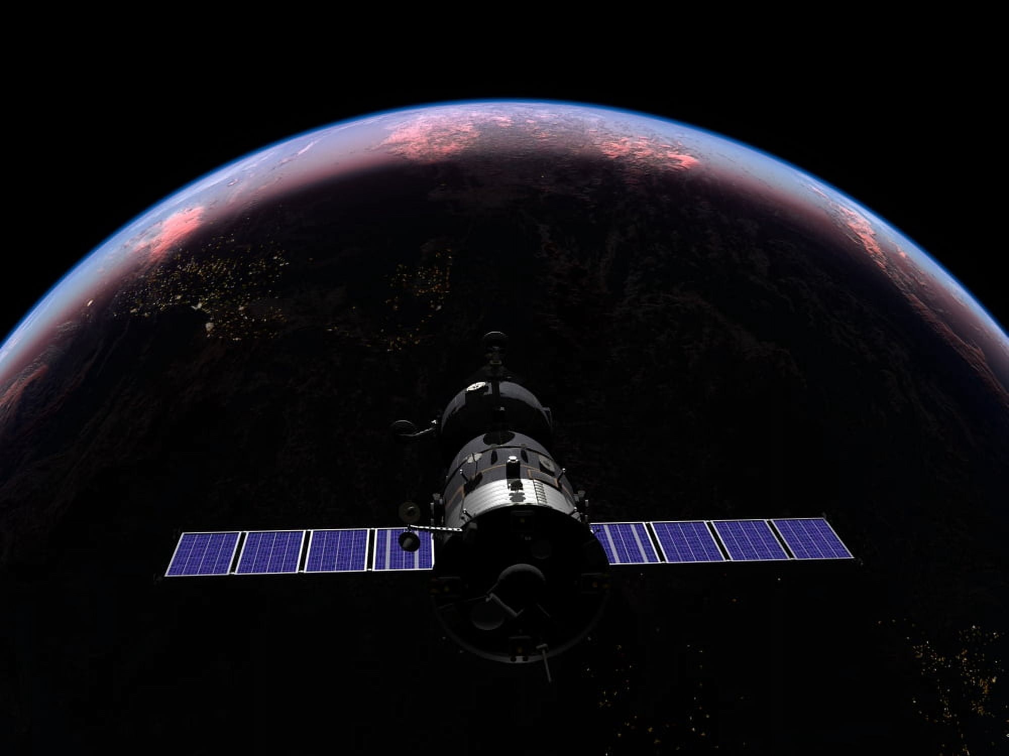 A Soyuz TMA-M spacecraft soars over the Atlantic Ocean at sunset Canvas Art - Walter MyersStocktrek Images (17 x 13)