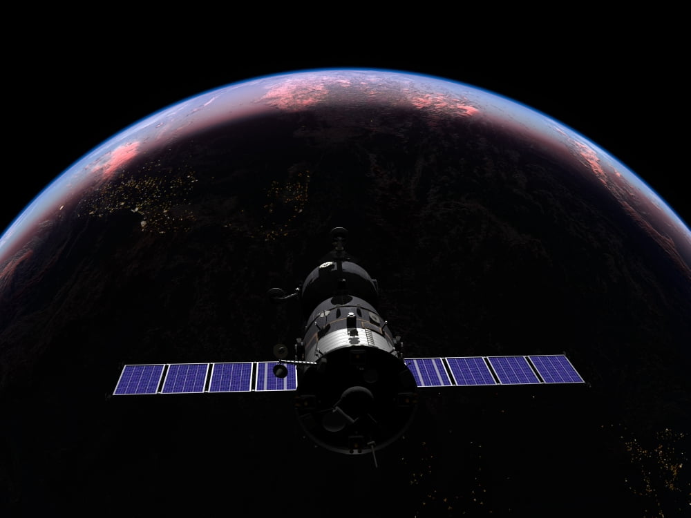 A Soyuz TMA-M spacecraft soars over the Atlantic Ocean at sunset Canvas Art - Walter MyersStocktrek Images (33 x 25)