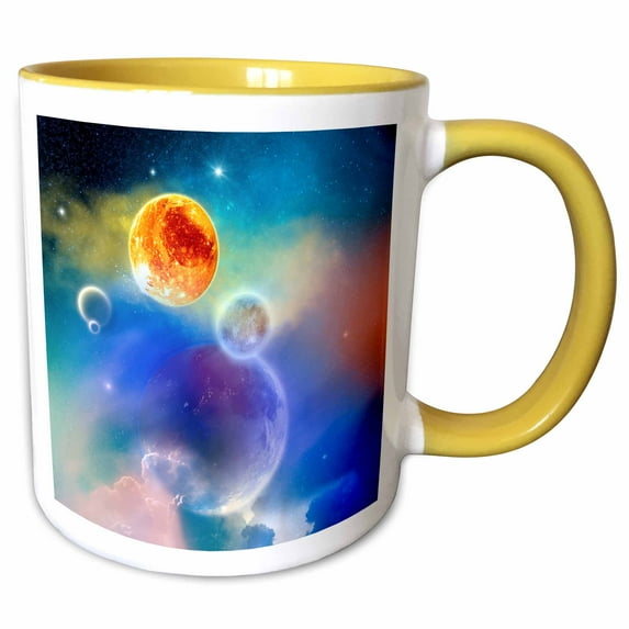 3drose, a Space Scenario with Stars, Sun and Planets - New Solar System, 15oz Two-tone Yellow Mug