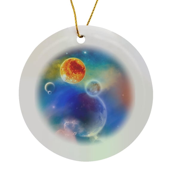 3drose, a Space Scenario with Stars, Sun and Planets - New Solar System, Circle Porcelain Ornament