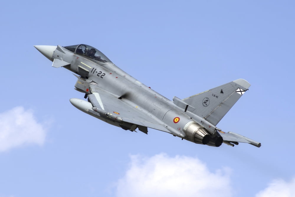 A Spanish Air Force EF-2000 Typhoon taking off Canvas Art - Daniele FaccioliStocktrek Images (34 x 23)