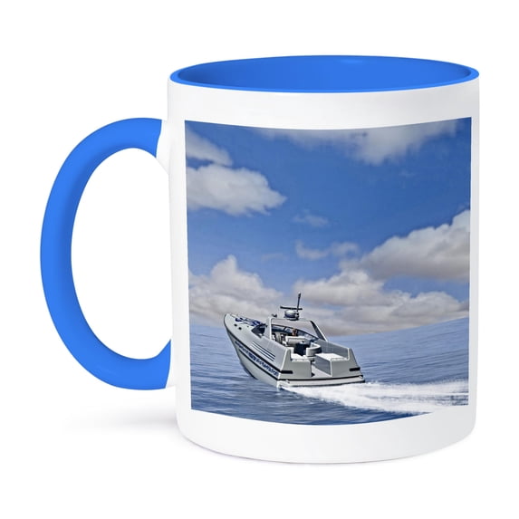 3dRose, A Speedboat speeding away to the horizon, 11oz Two-Tone Blue Mug
