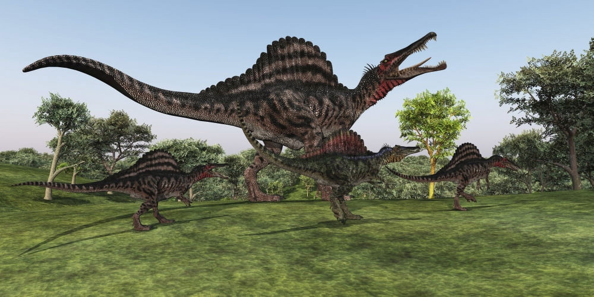 A Spinosaurus mother walks with her youngsters in prehistoric times Canvas Art - Corey FordStocktrek Images (40 x 20)