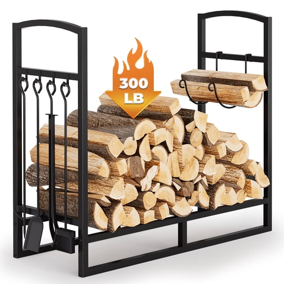 Yexmas Firewood Rack with 5-Piece Fireplace Tool Set & Kindling Holder – Indoor/Outdoor Wood Storage & Organizer for Fire Pit or Fireplace