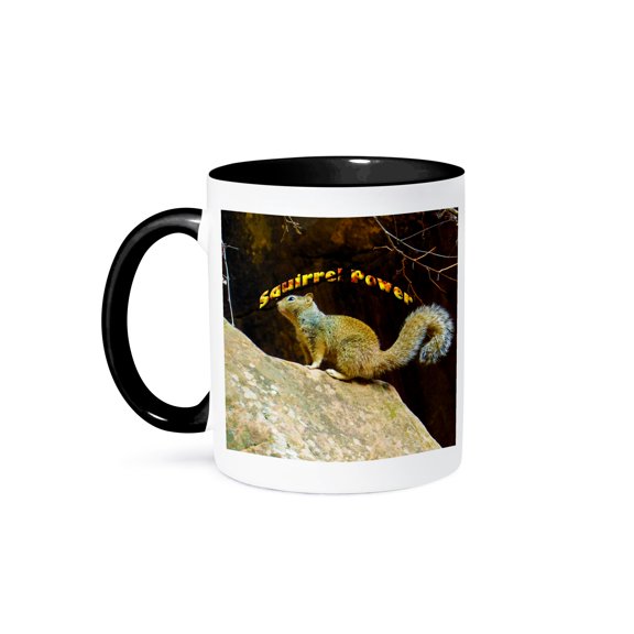 3dRose, A squirrel on top of a rock in Zion with Squirrel Power written above, 11oz Two-Tone Black Mug