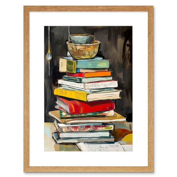 A Stack of Recipe Cookbooks with Bowls on Top Artwork Framed Wall Art Print 9X7 Inch