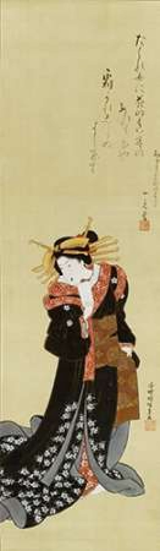 A Standing Courtesan In a Black Kimono Canvas Art - Utagawa Kunisada (12 x 36)