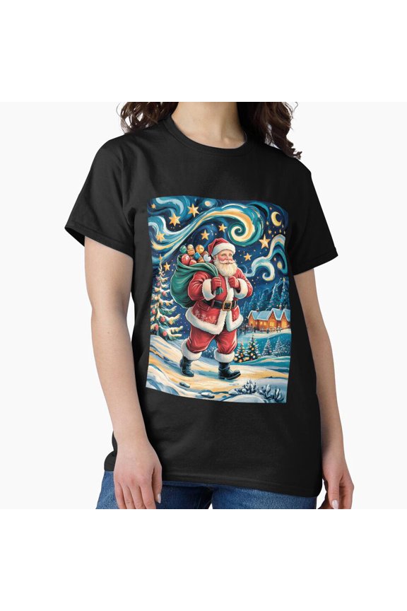 A Starry Night St. Nick Claus Funny Christmas Winter Van Gogh Parody Art G11869 Unisex T-Shirt, Up to Size 5XL