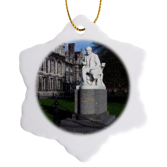 3drose, a Statue at a University in Dublin, Ireland Texturized, 3 inch Snowflake Porcelain Ornament