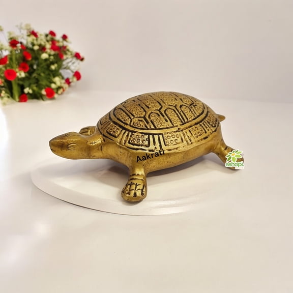 A Statue of Brass Tortoise Made By Ashopi Decor| Collectible Figurine| Decorative Items| Table Dcor (Yellow, 1.3")