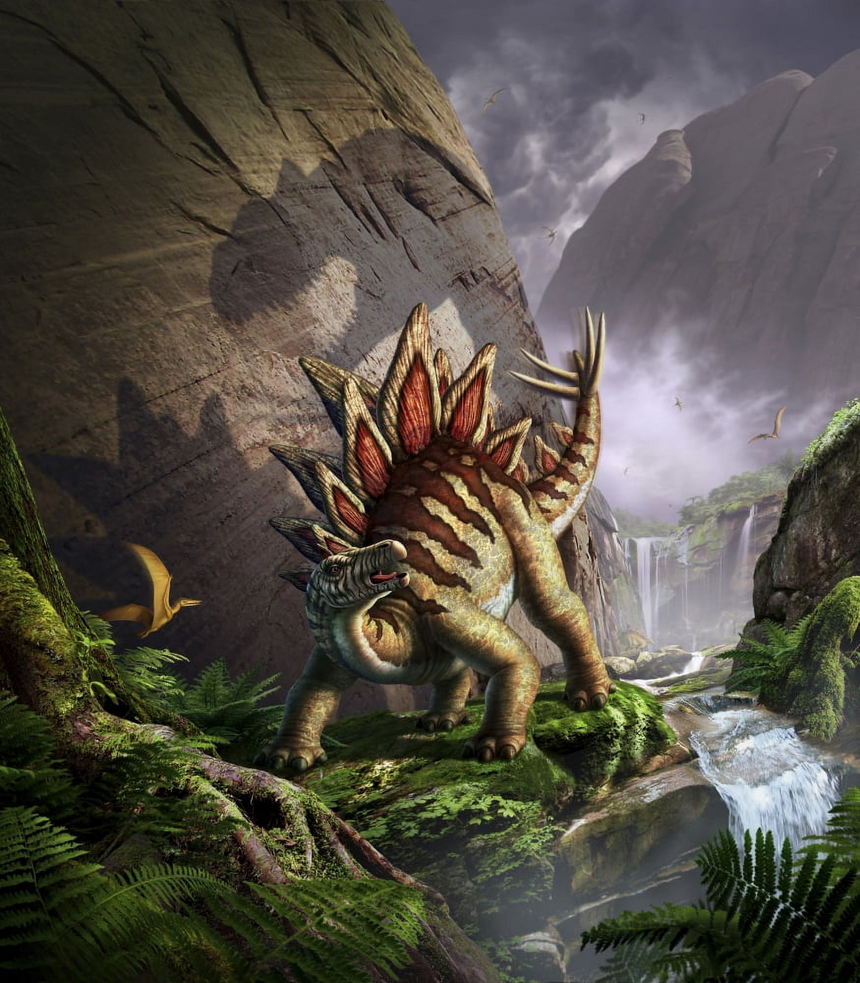 A Stegosaurus is surprised by an Allosaurus while feeding in a lush gorge Canvas Art - Jerry LoFaroStocktrek Images (27 x 31)