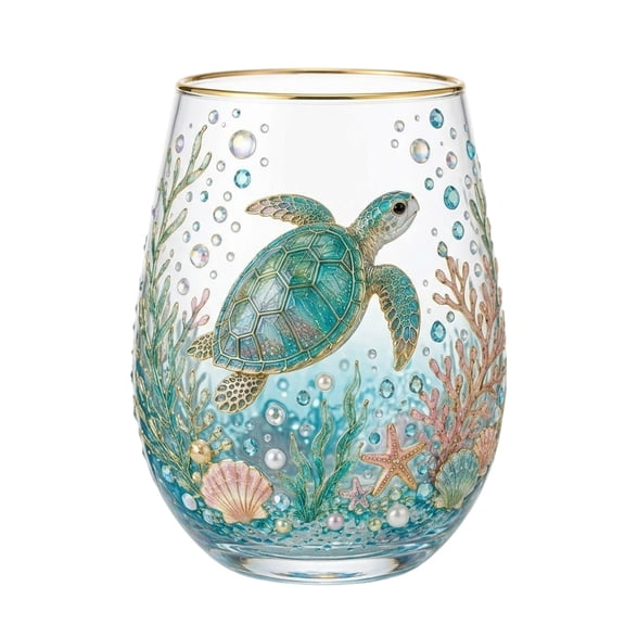 A Stemless Wine Glass With Gold Rim Turtle Floral Printed Design