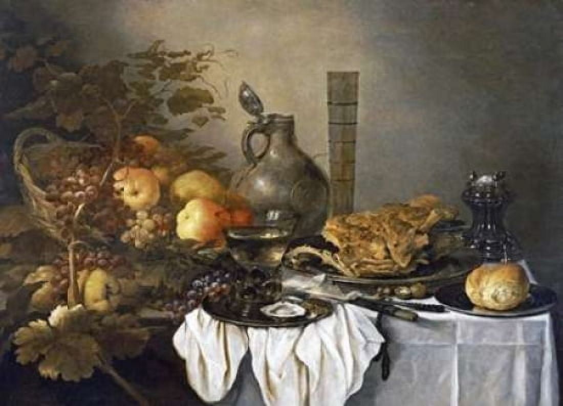 A Still Life With a Roemer Oysters a Roll and Meat Canvas Art - Pieter Claesz (20 x 28)